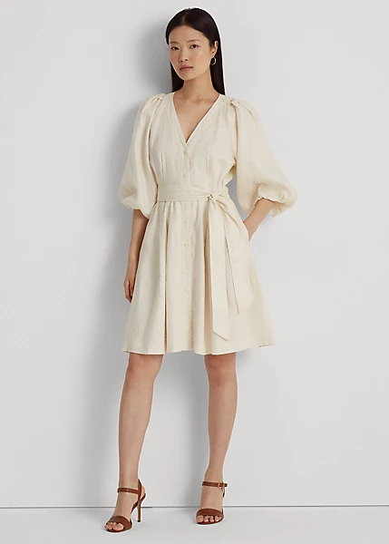 Robe Ceinturée à Manches Ballons En Lin 3 Robe Ceinturée à Manches Ballons En Lin – Image 3