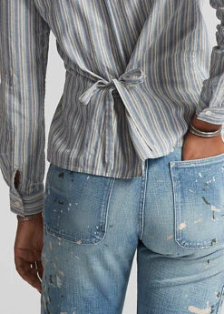 Chemisier Plissé à Motif Rayé En Coton -Pas Cher T-Shirts Hauts Magasin s7 1485182 alternate4