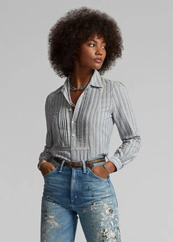 Chemisier Plissé à Motif Rayé En Coton -Pas Cher T-Shirts Hauts Magasin s7 1485182 alternate5