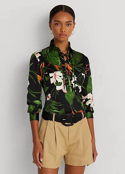 Chemisier Fleuri à Lacets En Charmeuse 1 Chemisier Fleuri à Lacets En Charmeuse