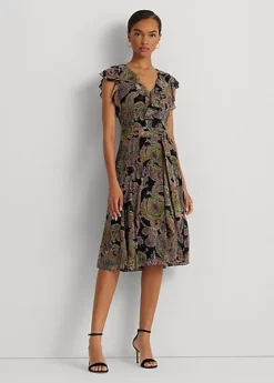 Robe Ceinturée Motif Cachemire Georgette